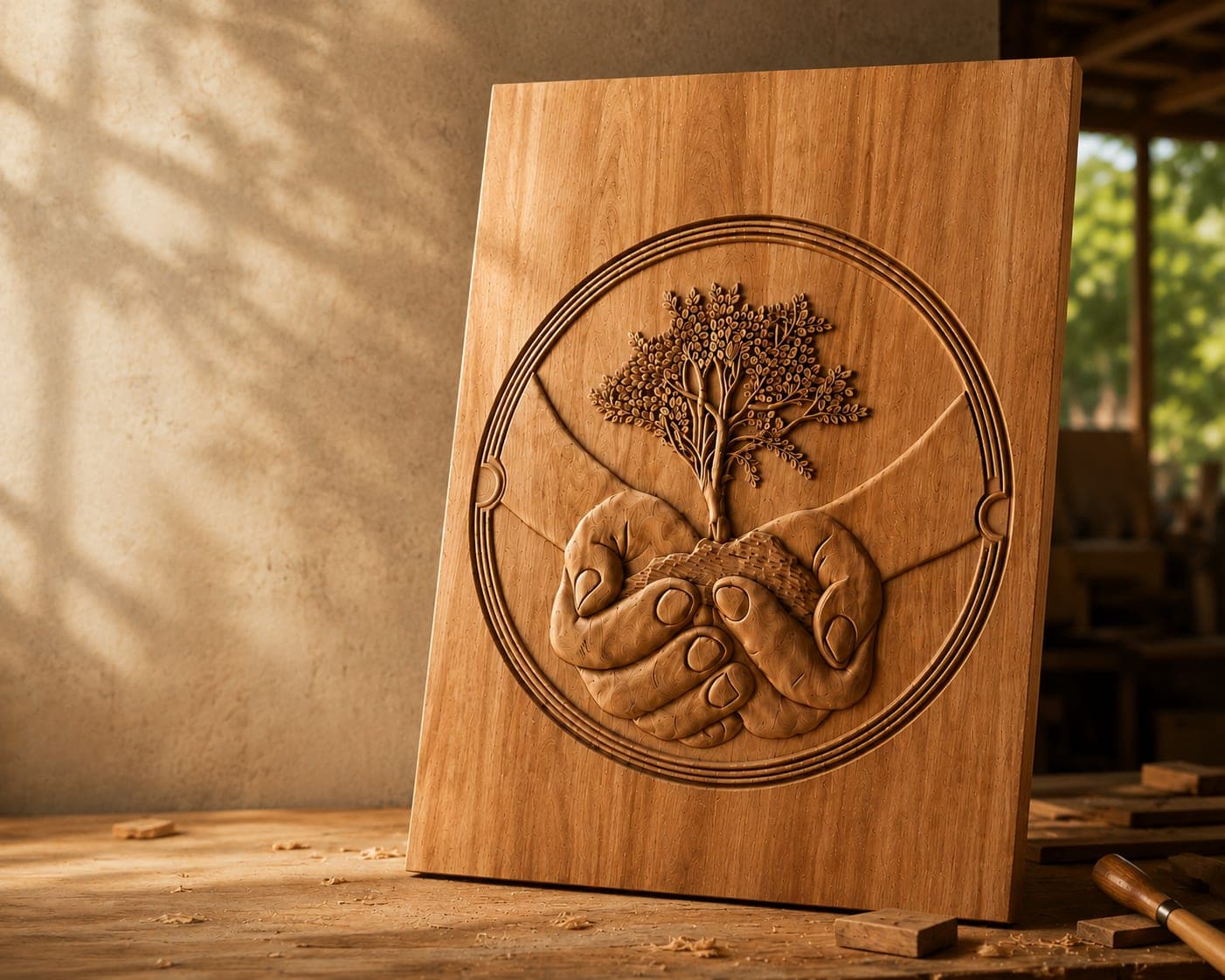 A solid timber panel carved in relief with a tree held in a pair of cupped hands, standing on the workshop bench