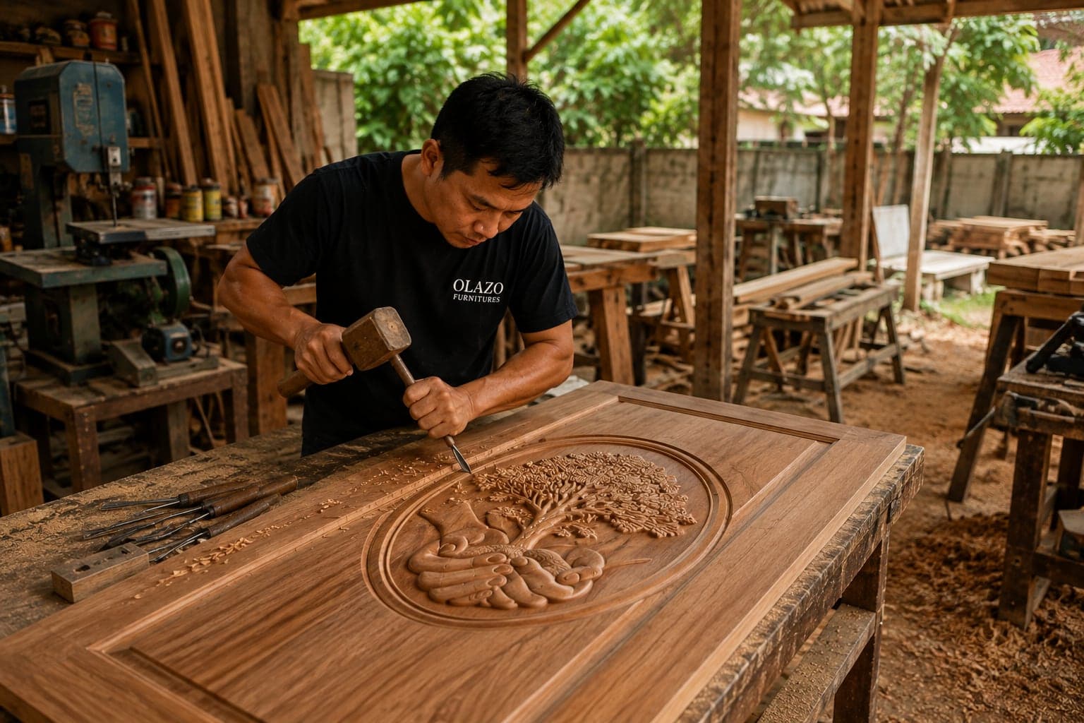 An OLAZO craftsman cutting a tree medallion into a door panel with mallet and chisel, his chisels laid out on the bench beside him