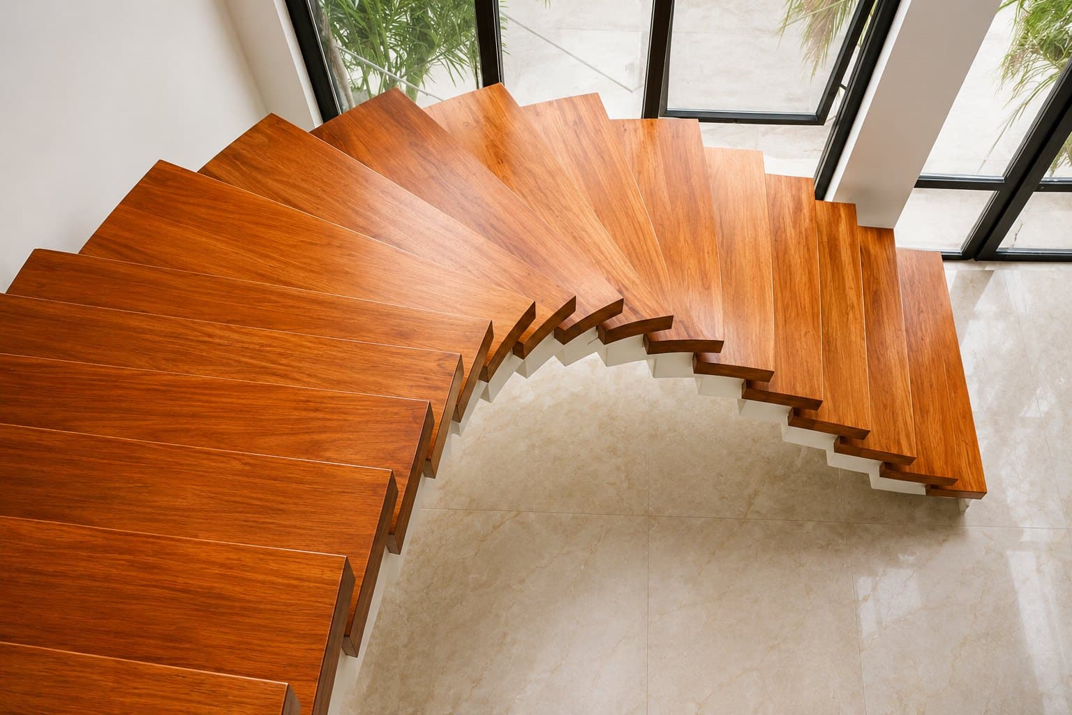 A curved staircase of solid hardwood seen from above, each winder tread cut to its own shape and running with the grain, turning against a glazed wall