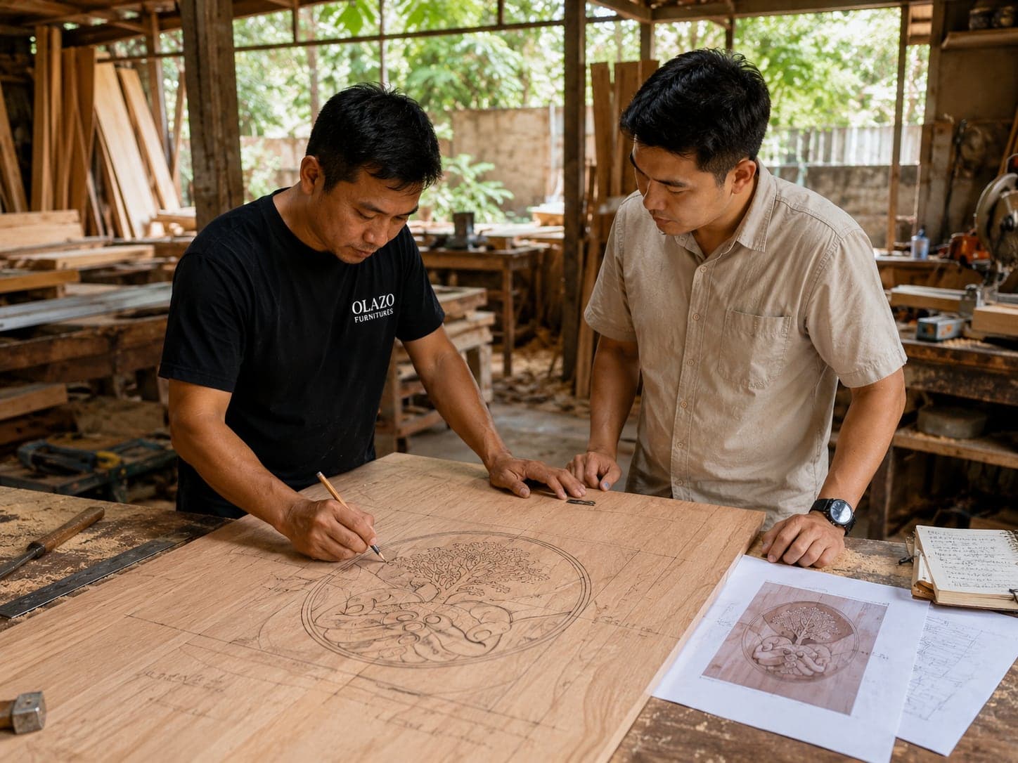 An OLAZO craftsman drawing a carving design onto a door panel in pencil while a colleague looks on, the printed design and the job notes laid out beside them