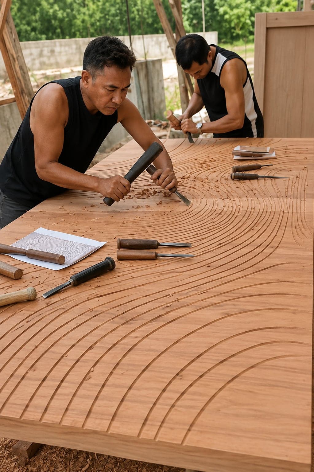 Two OLAZO craftsmen cutting the curved ribs of a door panel by hand with mallet and chisel, the drawing they are working from laid on the timber