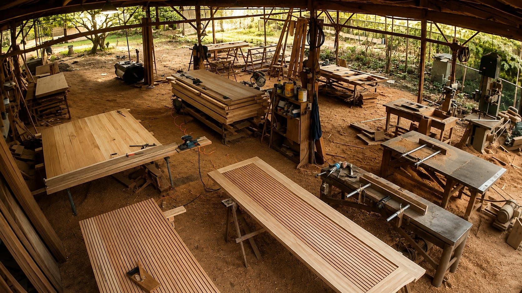 OLAZO's open-sided production site, with finished and part-finished doors laid out across trestles under the roof