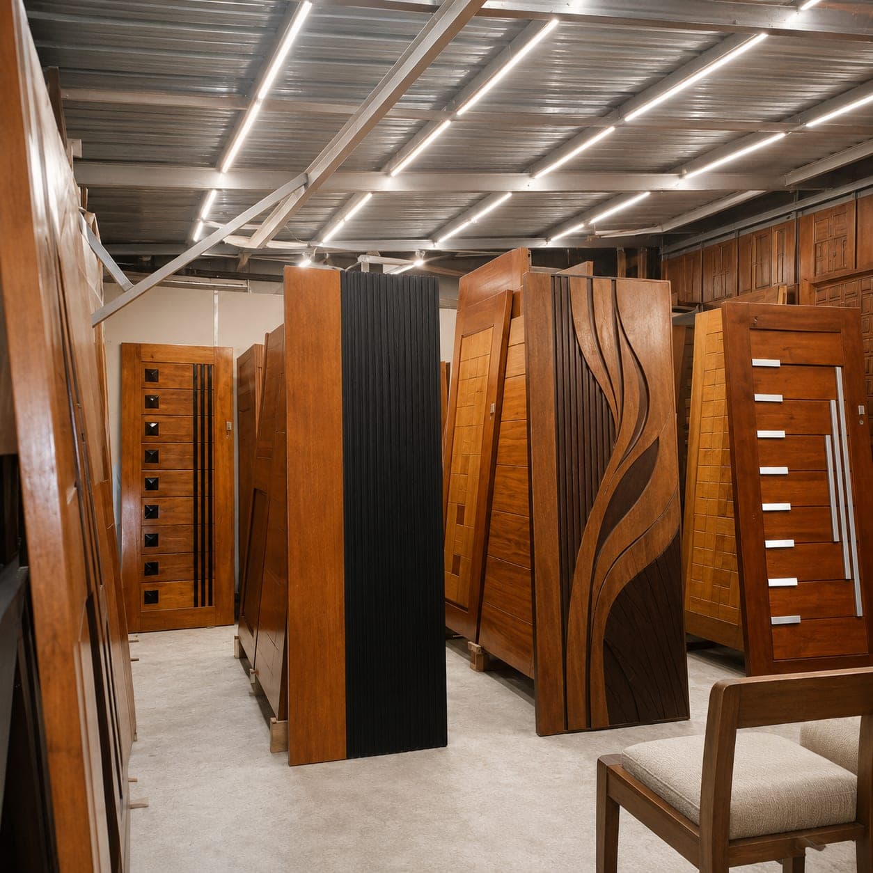 The OLAZO showroom floor, rows of finished carved and fluted doors standing upright under strip lighting