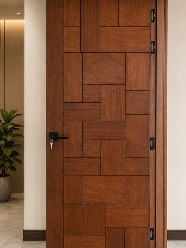 The Abstract-22 door by OLAZO Furniture — faced in staggered rectangular blocks of solid timber