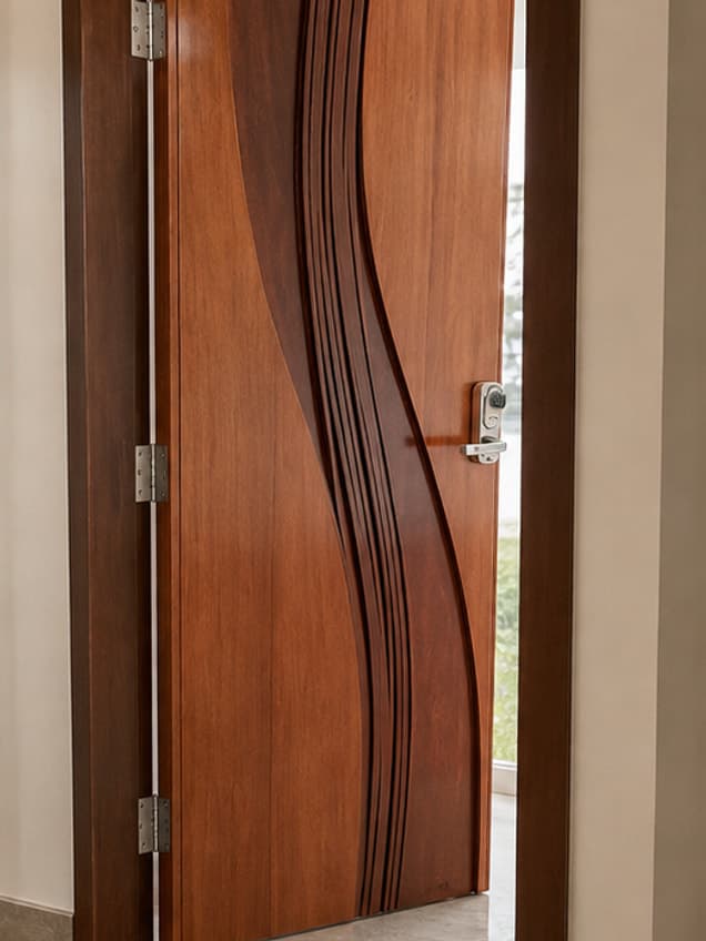 The Angel-15 door by OLAZO Furniture — carved with a tall sweeping S-curve down its face
