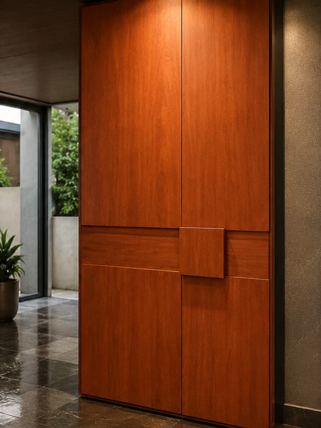 The April-12 door by OLAZO Furniture — a warm orange-brown door with a stepped panel