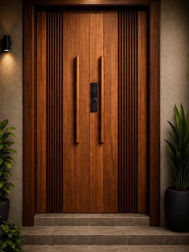 The Arch D-2 door by OLAZO Furniture — a fluted double entrance door with a keypad lock