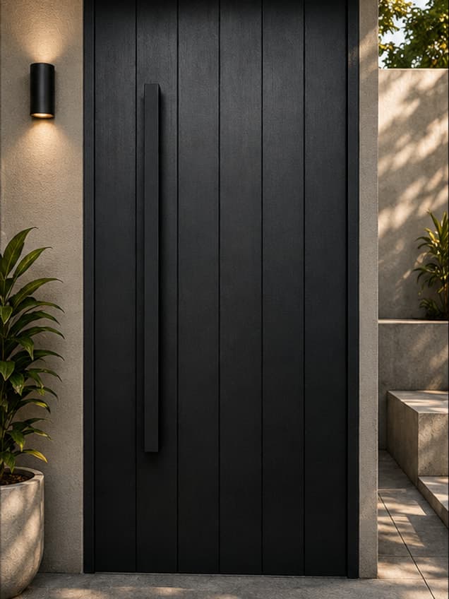 The Ash D-11 door by OLAZO Furniture — a near-black door in broad vertical boards