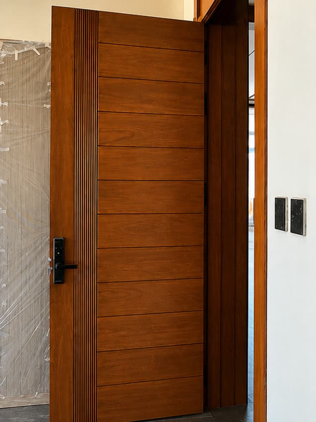 The Ferly D-15 door by OLAZO Furniture — cut with fine horizontal grooves across the face