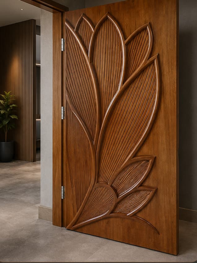 The Flower-11 door by OLAZO Furniture — carved with a large flower standing in deep relief