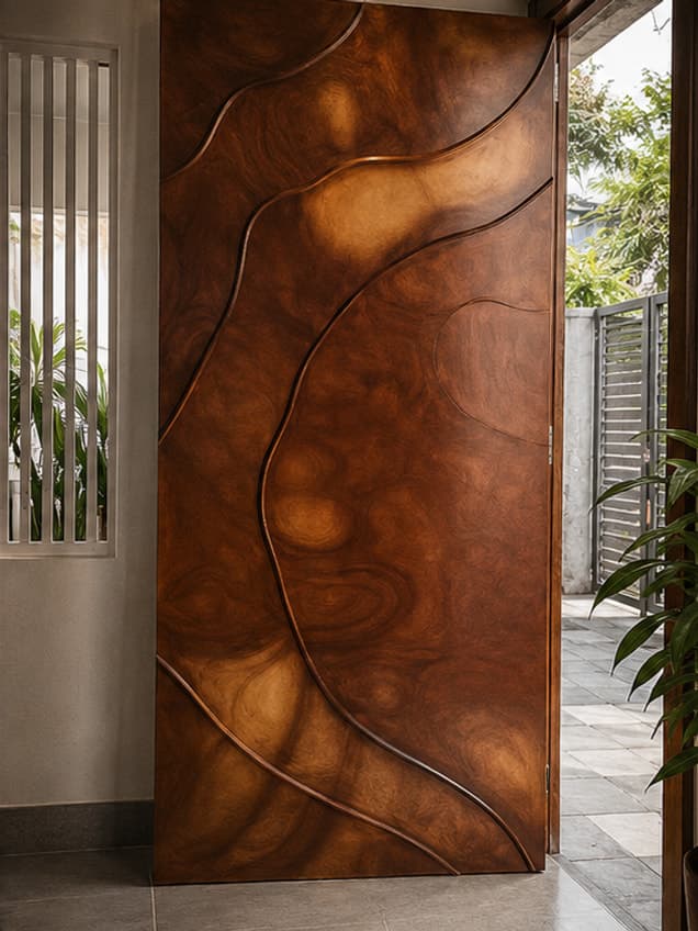 The January door by OLAZO Furniture — carved with flowing organic curves in low relief