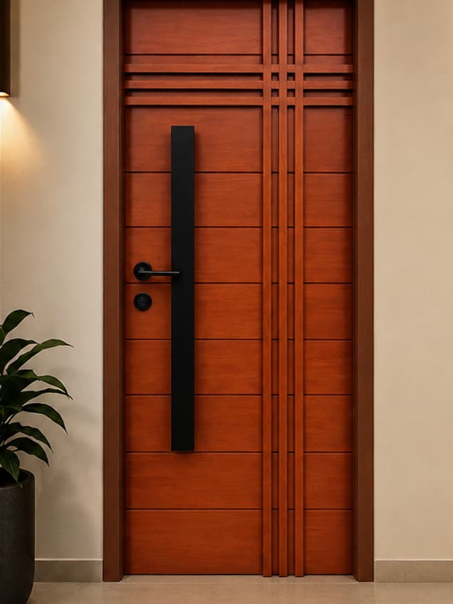 The Jessa-5 door by OLAZO Furniture — a grid of raised trims beside a long black handle