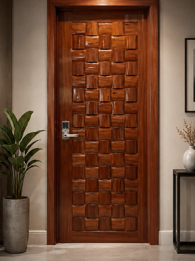 The June-33 door by OLAZO Furniture — faced in a woven basket-weave of raised timber blocks