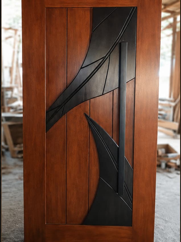 The Leaf-2 door by OLAZO Furniture — carved with an angular leaf motif inlaid in black