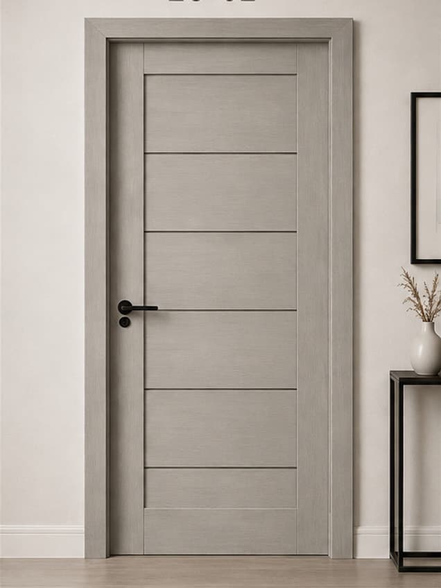 The LG-02 door by OLAZO Furniture — a pale grey door lined with recessed horizontal panels