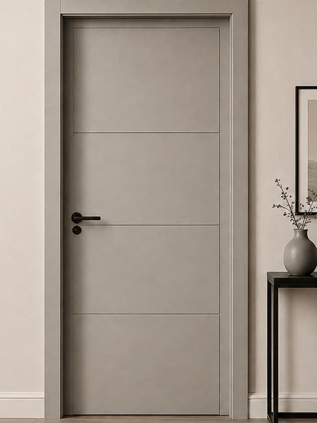 The LG-04 door by OLAZO Furniture — a pale grey door with slim horizontal grooves