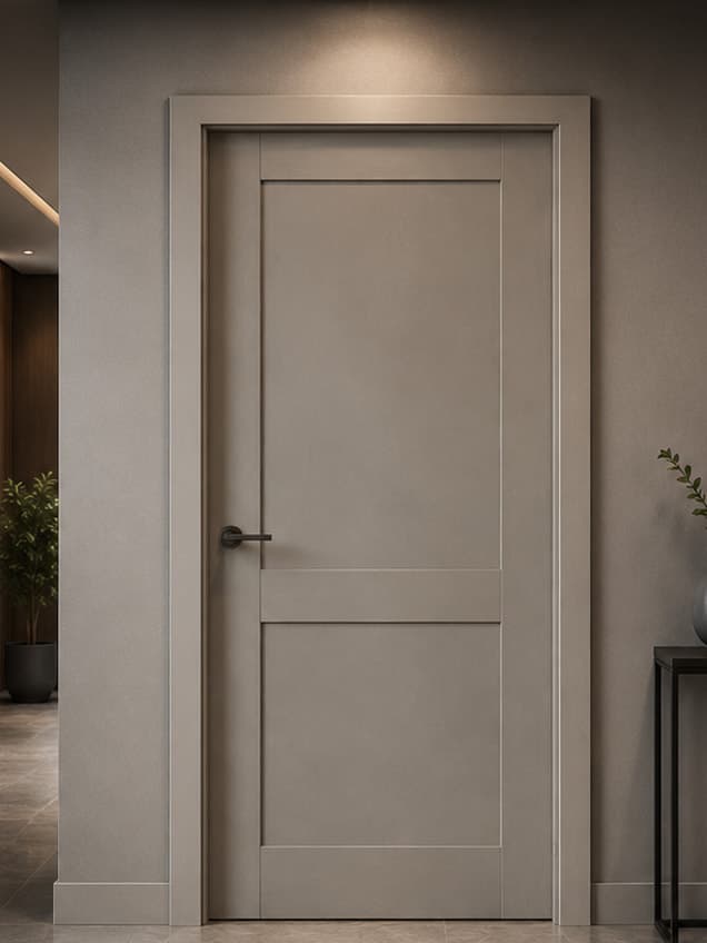 The LG-06 door by OLAZO Furniture — a pale grey panelled door with a recessed centre panel