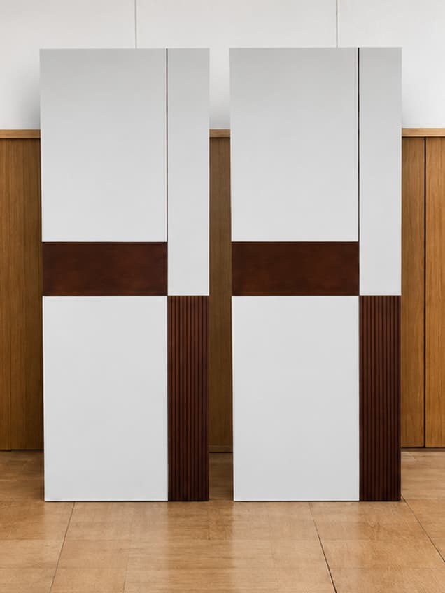 The Luxury White door by OLAZO Furniture — white panels banded with dark timber crosspieces