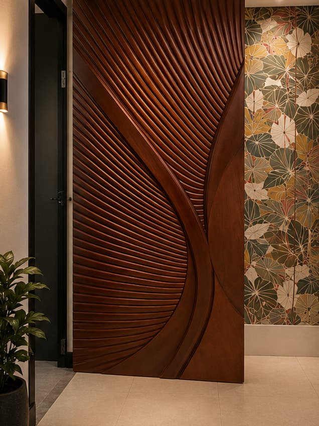 The Marca-22 door by OLAZO Furniture — carved into a sweeping fan of fine ribs