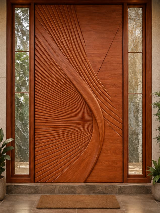 The Marian Glass door by OLAZO Furniture — the Marian carving set into a glazed frame