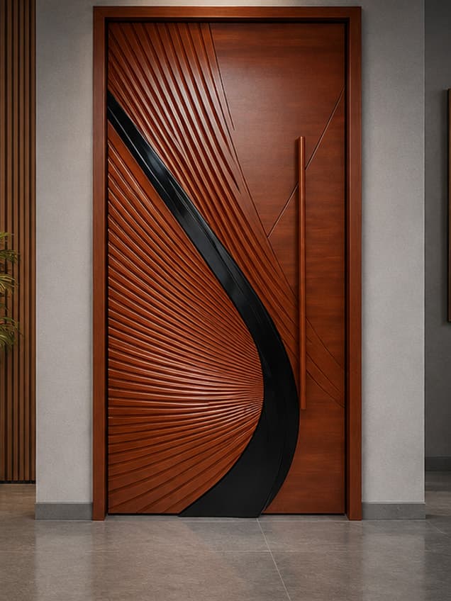The Mary Black door by OLAZO Furniture — carved into a fan of fine ribs crossed by a black inlaid curve