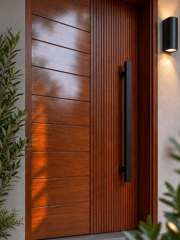 The May-16 door by OLAZO Furniture — horizontal grooves beside a long black pull handle