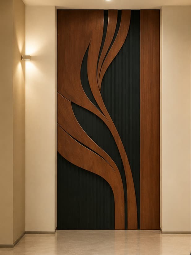 The Rose 22 door by OLAZO Furniture — carved with a slender leaf motif picked out in dark green