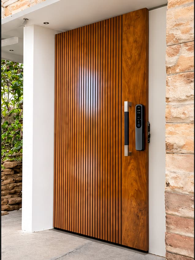The September door by OLAZO Furniture — a tall fluted door in warm timber with a digital lock