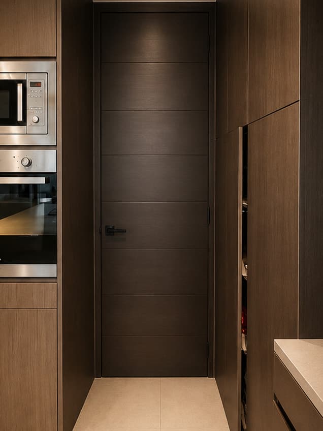 The Sopia Black door by OLAZO Furniture — a dark flush door cut with fine horizontal grooves