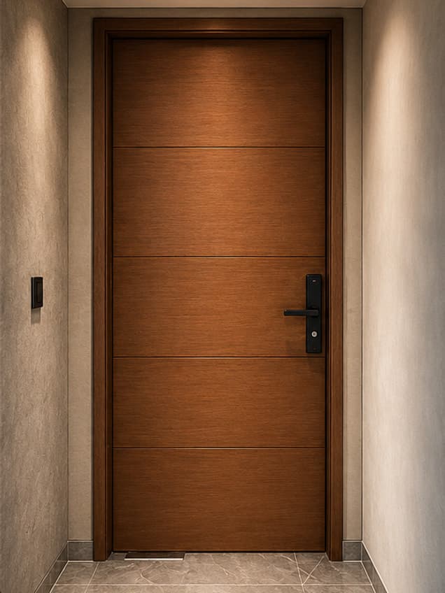 The Sopia door by OLAZO Furniture — a flush door with fine horizontal grooves and a smart lock