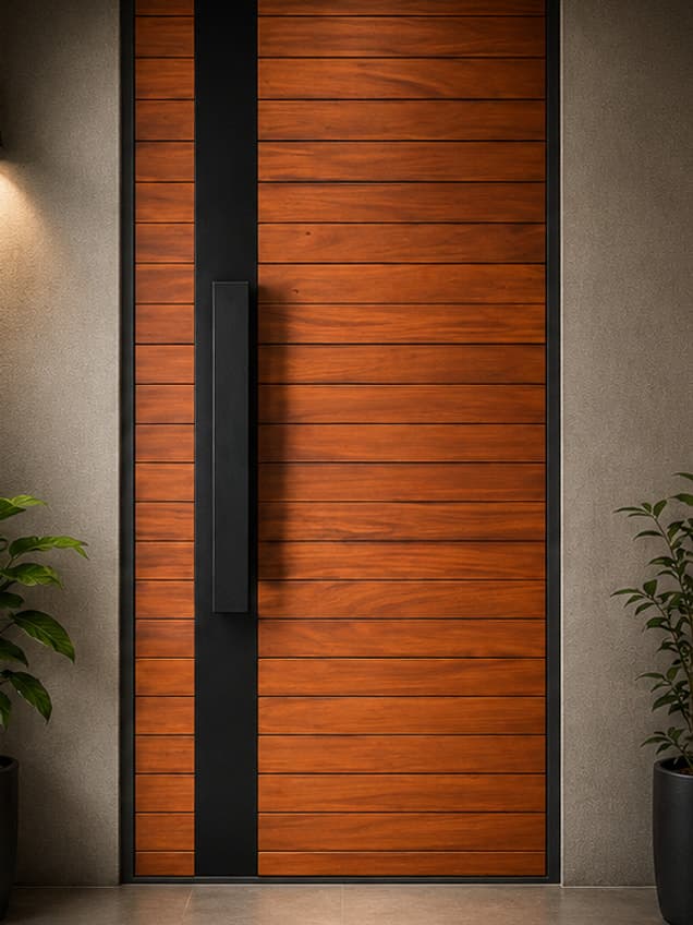 The Trend D-12 door by OLAZO Furniture — wide horizontal boards broken by a dark vertical stile