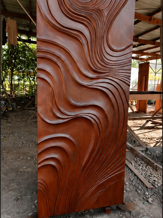 The Weng-26 door by OLAZO Furniture — carved in flowing waves across the full face