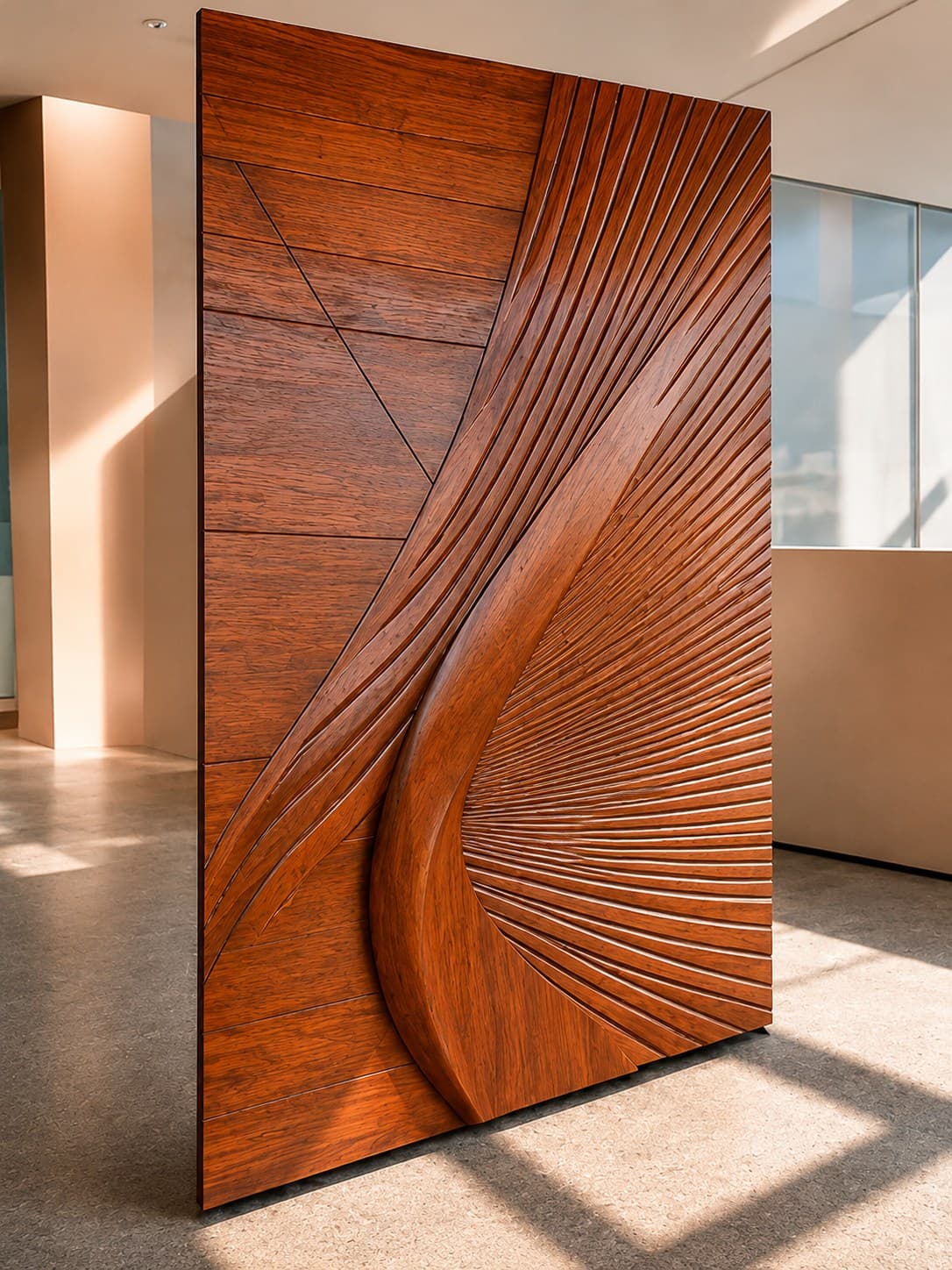 The Marian Door standing in a sunlit interior — a solid wood door whose face is carved into a sweeping curve opening onto a fan of fine ribs